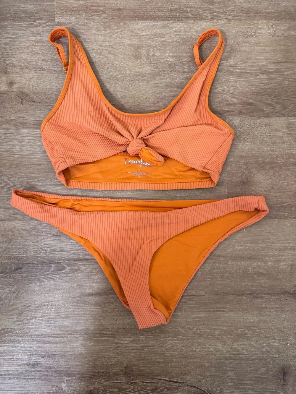 Frankie’s Orange Ribbed Knot Front Bikini Top & Bottom Set - Women Swim